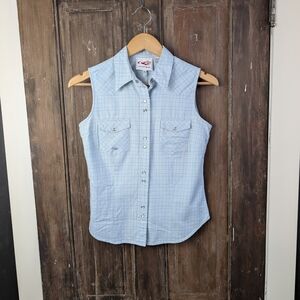 Roper Sleeveless Pearl Snap Western Top Blue Plaid Womens Small Cowgirl Tank